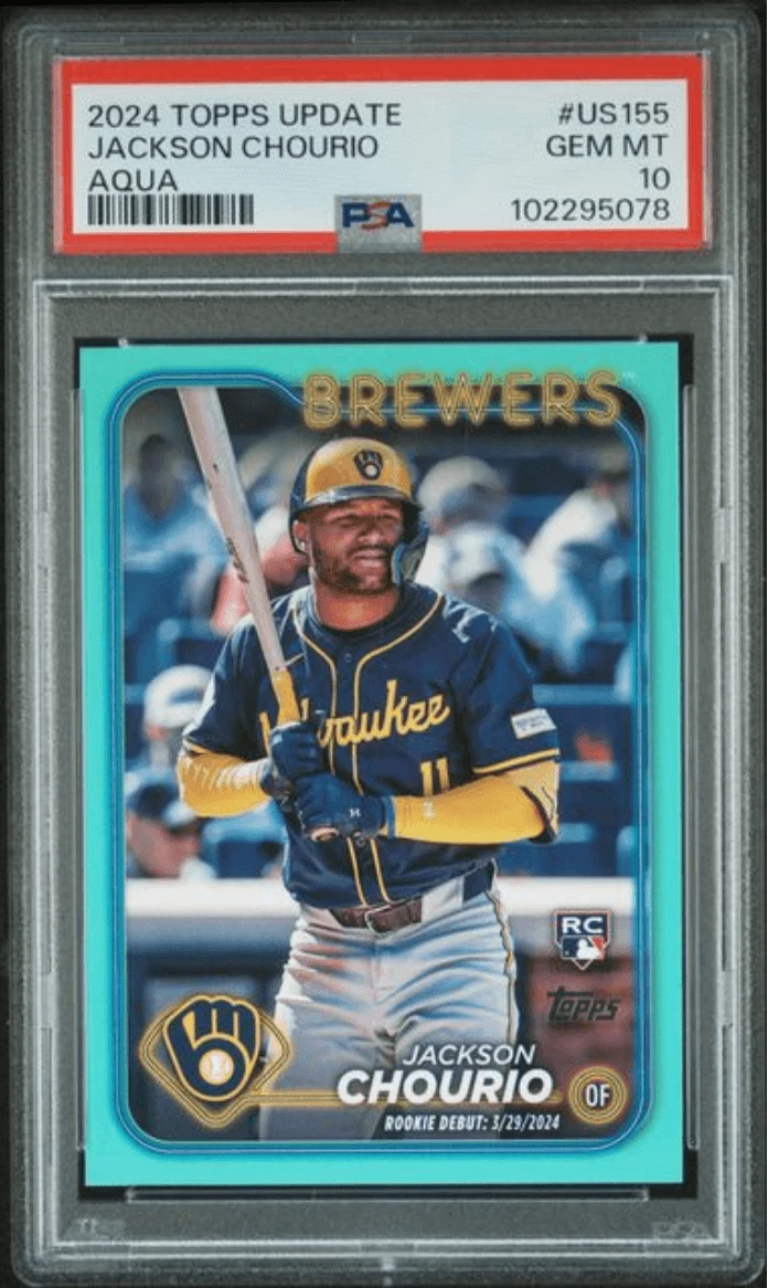 Graded 2024 Topps Update Jackson Chourio #US155 Aqua Rookie Card PSA 10