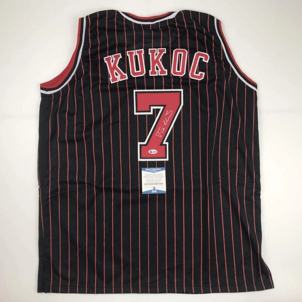 Autographed/Signed Toni Kukoc Chicago Black Pinstripe Jersey BAS COA