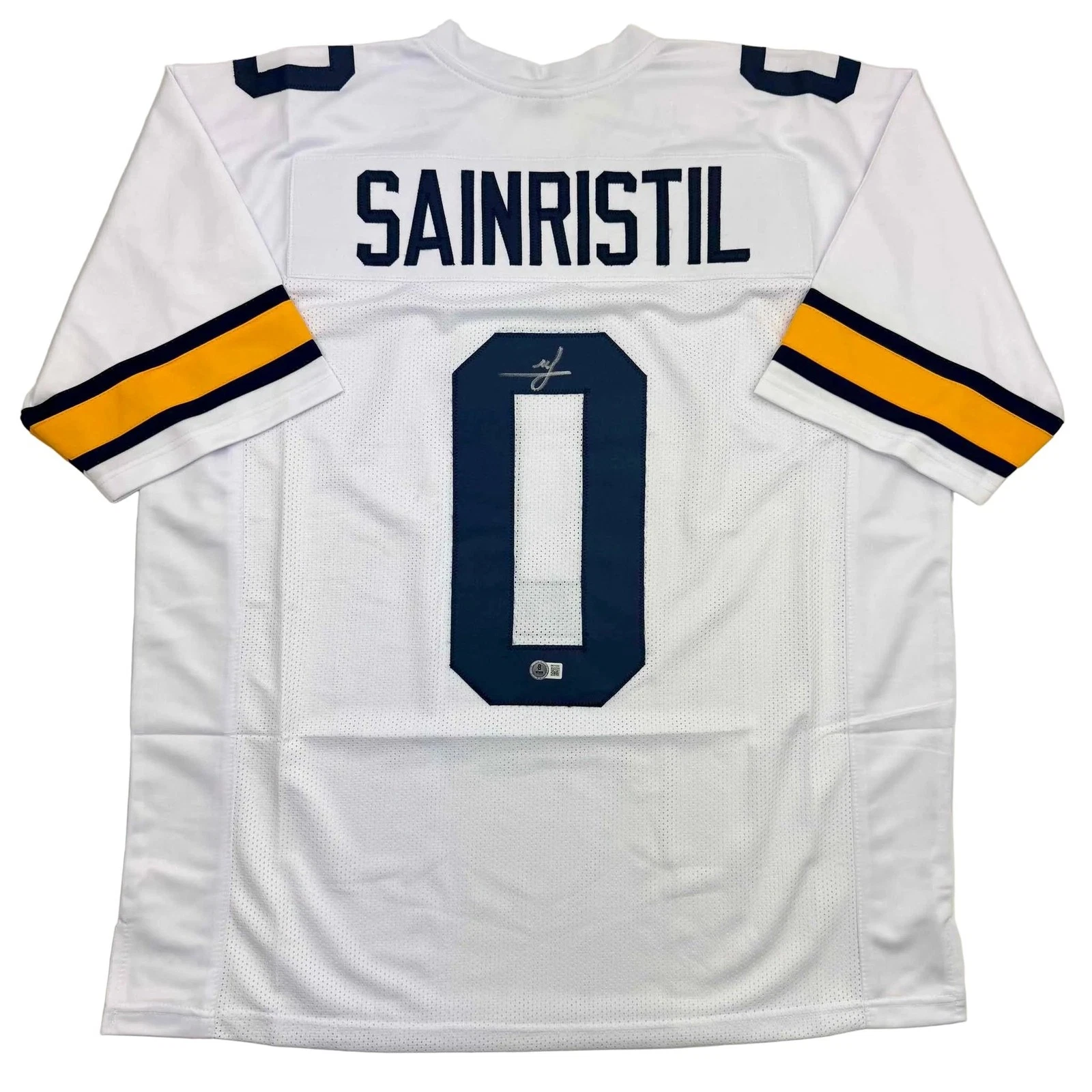 Autographed/Signed Mike Sainristil Michigan White Jersey Beckett BAS COA