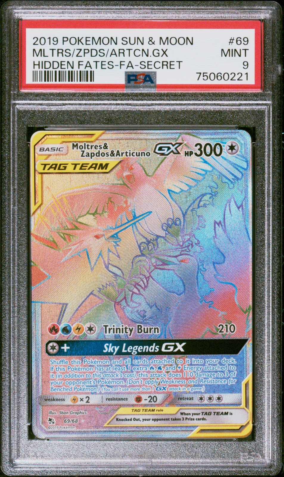 Graded 2019 Pokemon Sun & Moon Moltres/Zapdos/Articuno GX #69 Card PSA 9