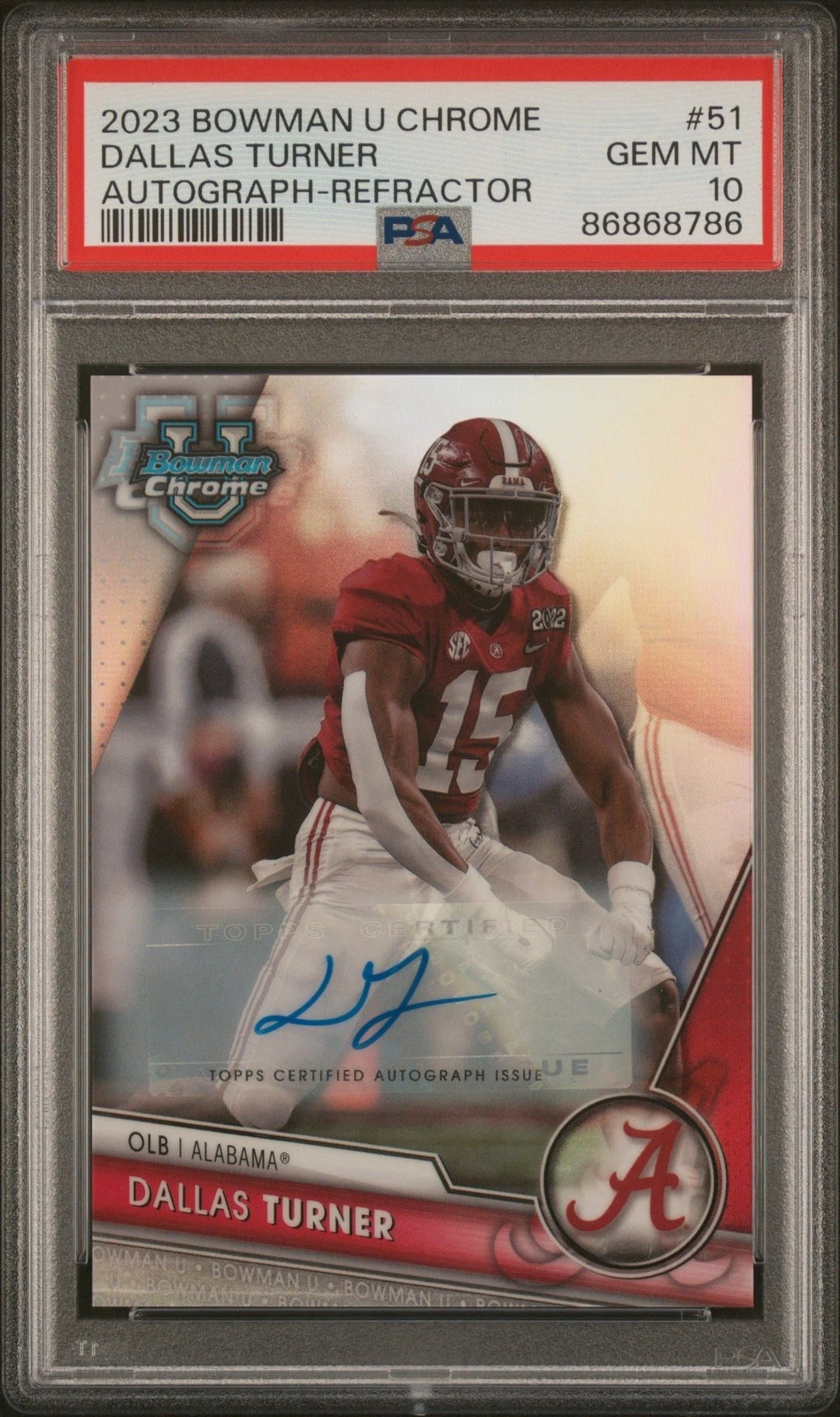 Graded 2023 Bowman U CHR Dallas Turner #51 Auto REF #/499 Card PSA 10