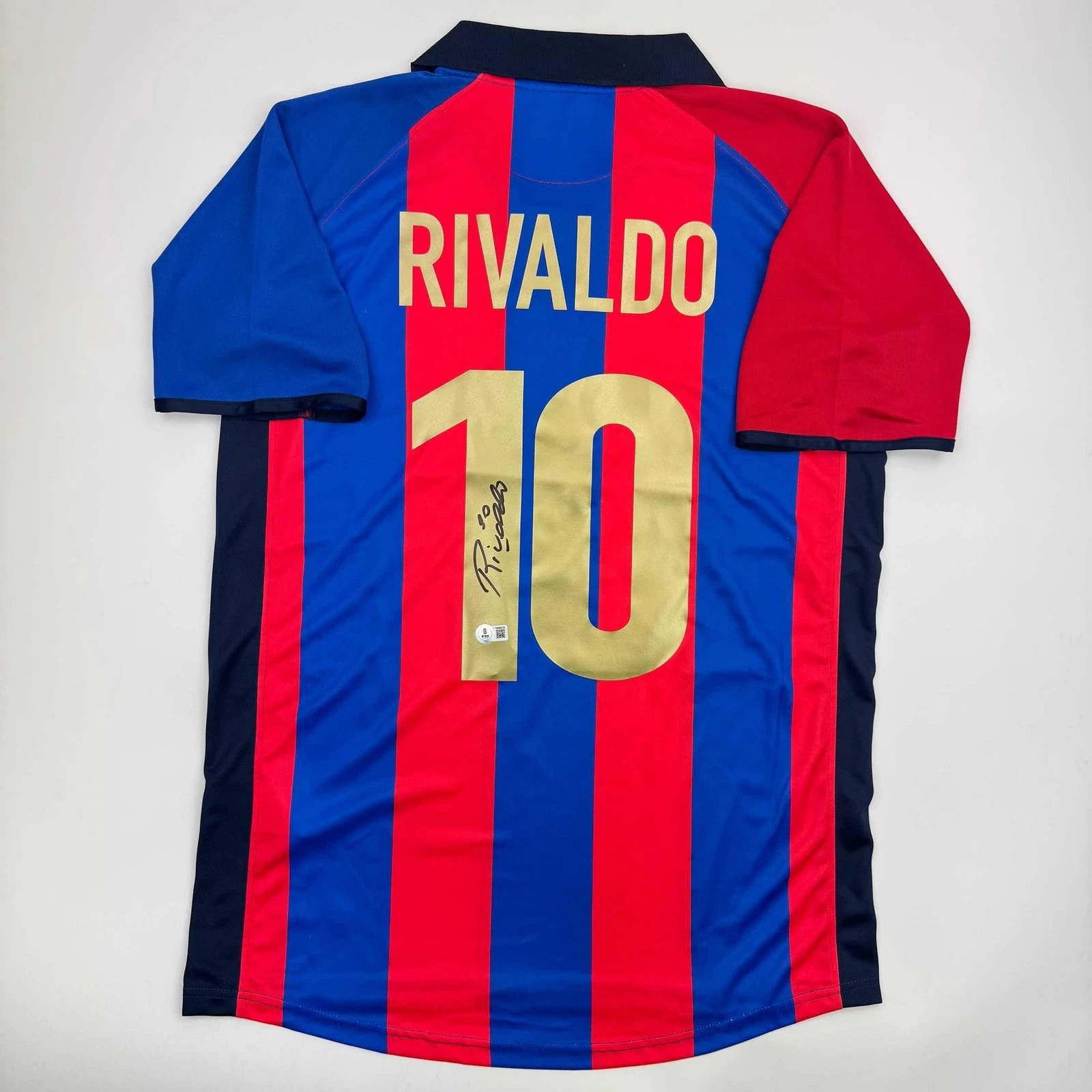 Autographed/Signed Rivaldo Ferreira FC Barcelona Blue Jersey Beckett COA