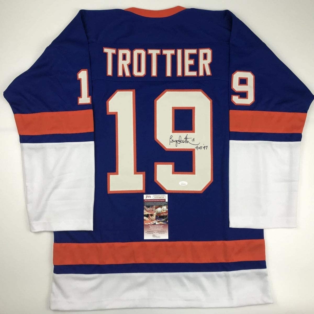Autographed/Signed Bryan Trottier HOF 97 New York Blue Jersey JSA COA