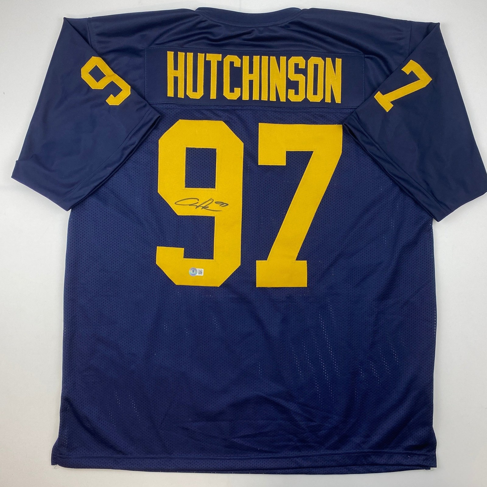 Autographed/Signed Aidan Hutchinson Michigan Blue Jersey Beckett BAS COA