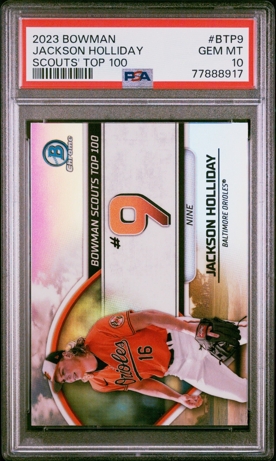 Graded 2023 Bowman Jackson Holliday #BTP9 Scouts Top 100 RC Card PSA 10
