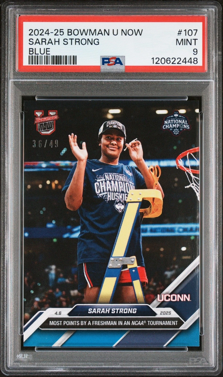 Graded 2024 Bowman U Now Sarah Strong #107 Blue /49 RC Card PSA 9