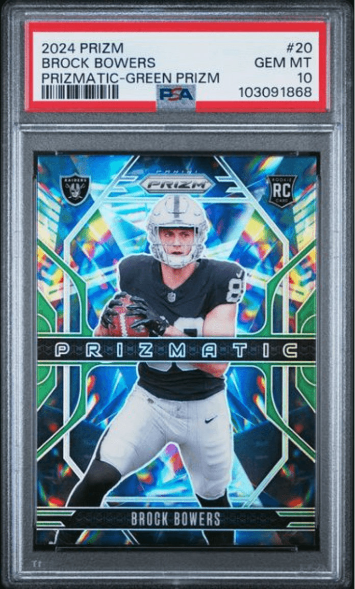 Graded 2024 Panini Prizm Brock Bowers 20 Prizmatic Green Rookie Card PSA 10
