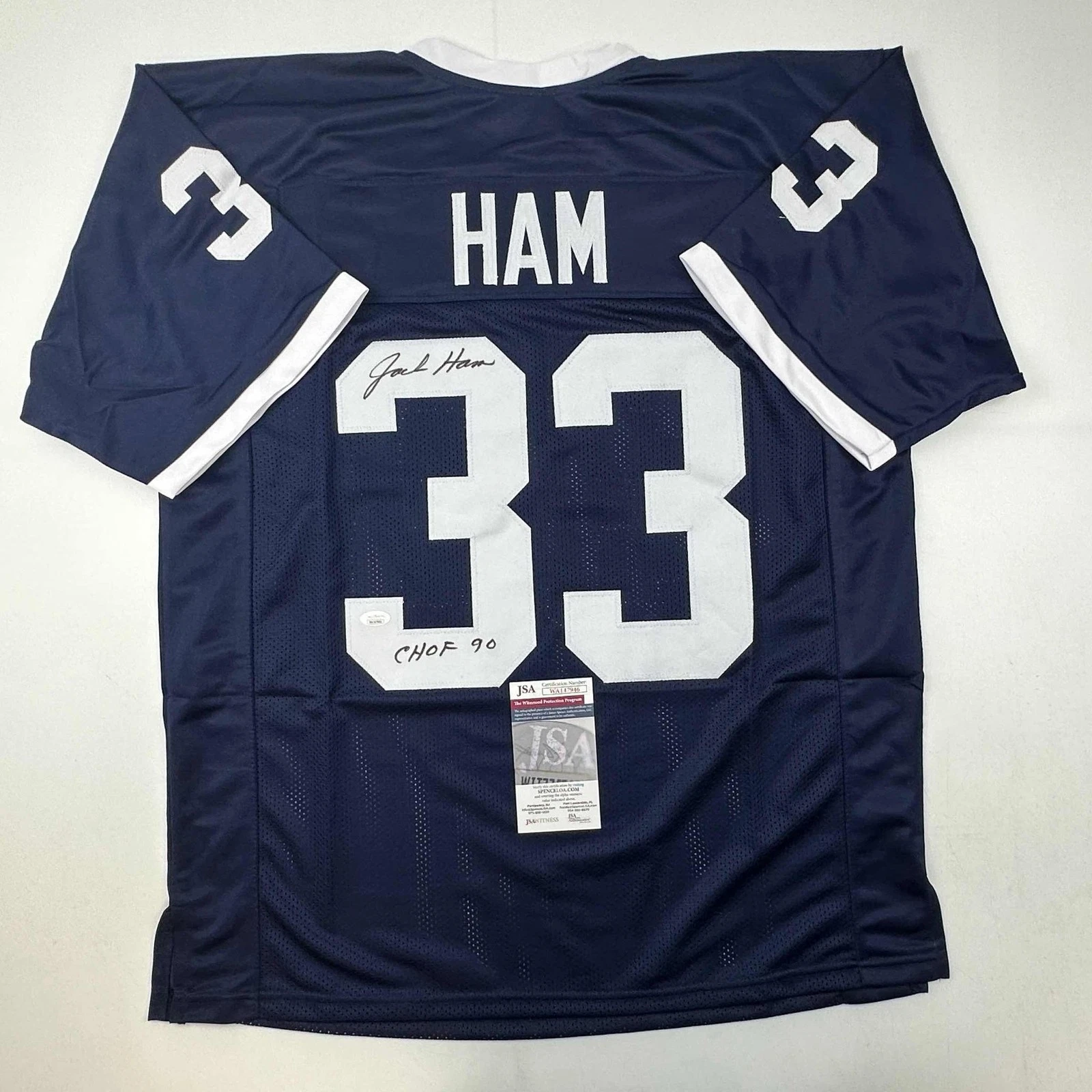 Autographed/Signed Jack Ham CHOF 90 Penn State Blue College Jersey JSA COA