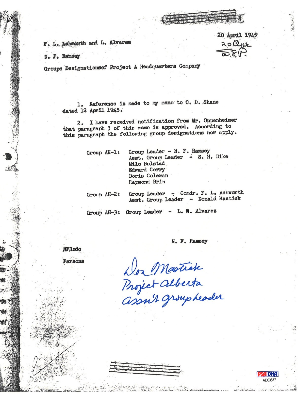 DON MASTICK SIGNED PROJECT ALBERTA DOCUMENT PSA DNA AD03577