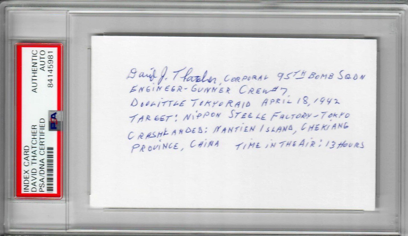 DAVID THATCHER SIGNED INDEX CARD PSA DNA (D) 84145981 WWII DOOLITTLE RAIDERS
