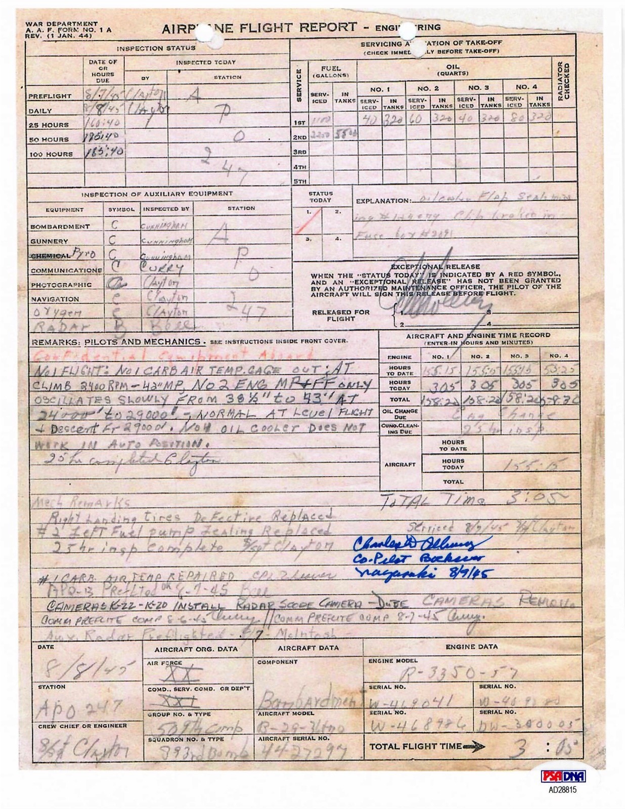 CD ALBURY SIGNED FLIGHT RECORD DOCUMENT PSA DNA AD28815 BOCKSCAR NAGASAKI 8/9/45