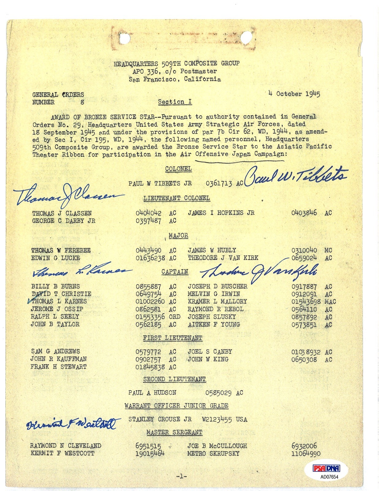509th COMP GROUP MULTI SIGNED BRONZE STAR DOCUMENT PSA DNA AD07654 (D) X5