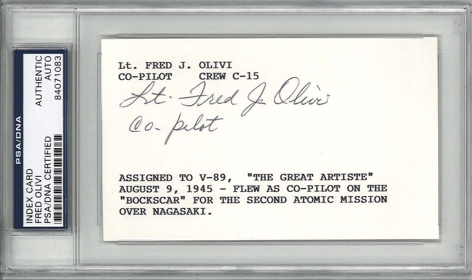 FRED OLIVI SIGNED INDEX CARD PSA DNA 84071083 (D) WWII BOCKSCAR GREAT ARTISTE