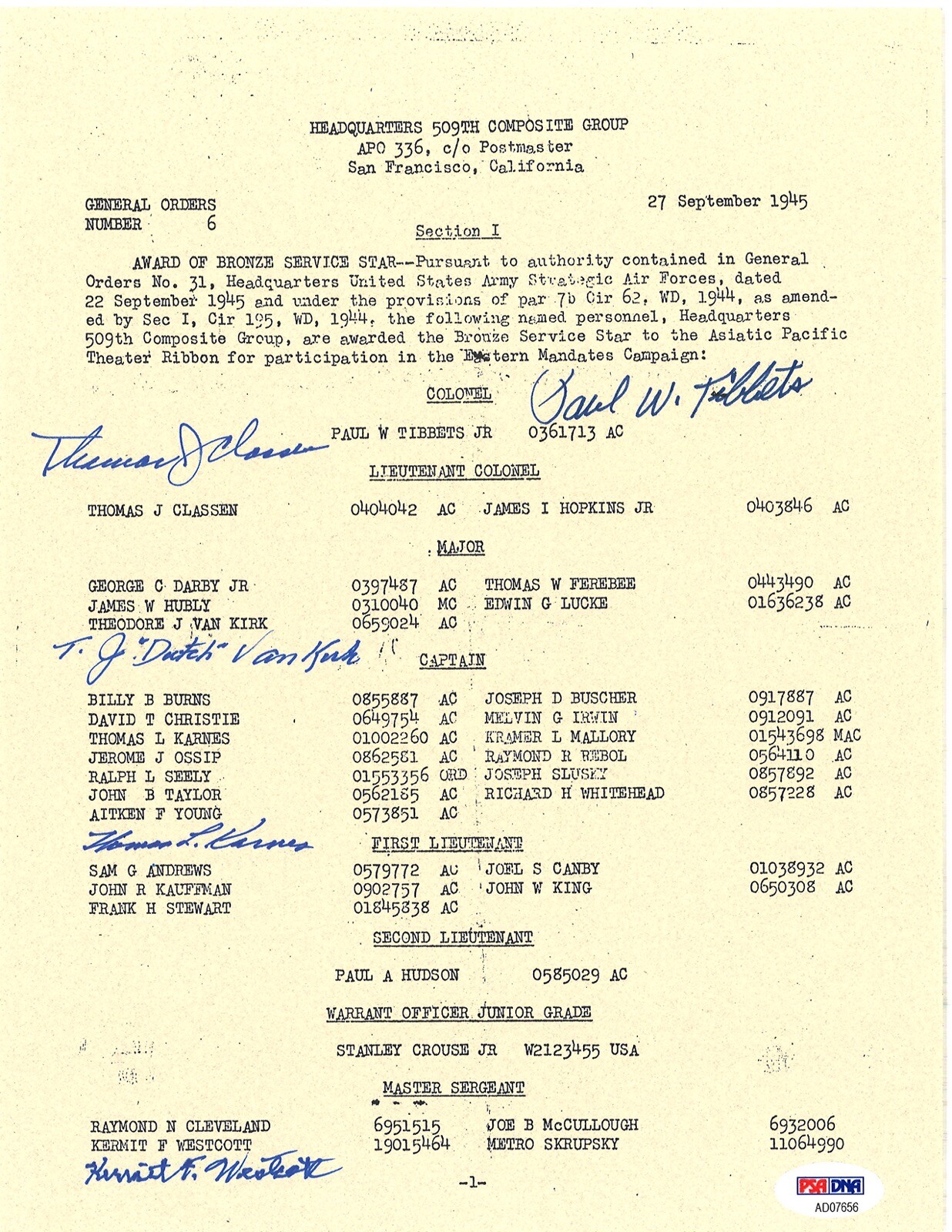 509th COMP GROUP MULTI SIGNED BRONZE STAR DOCUMENT PSA DNA AD07656 (D) X5