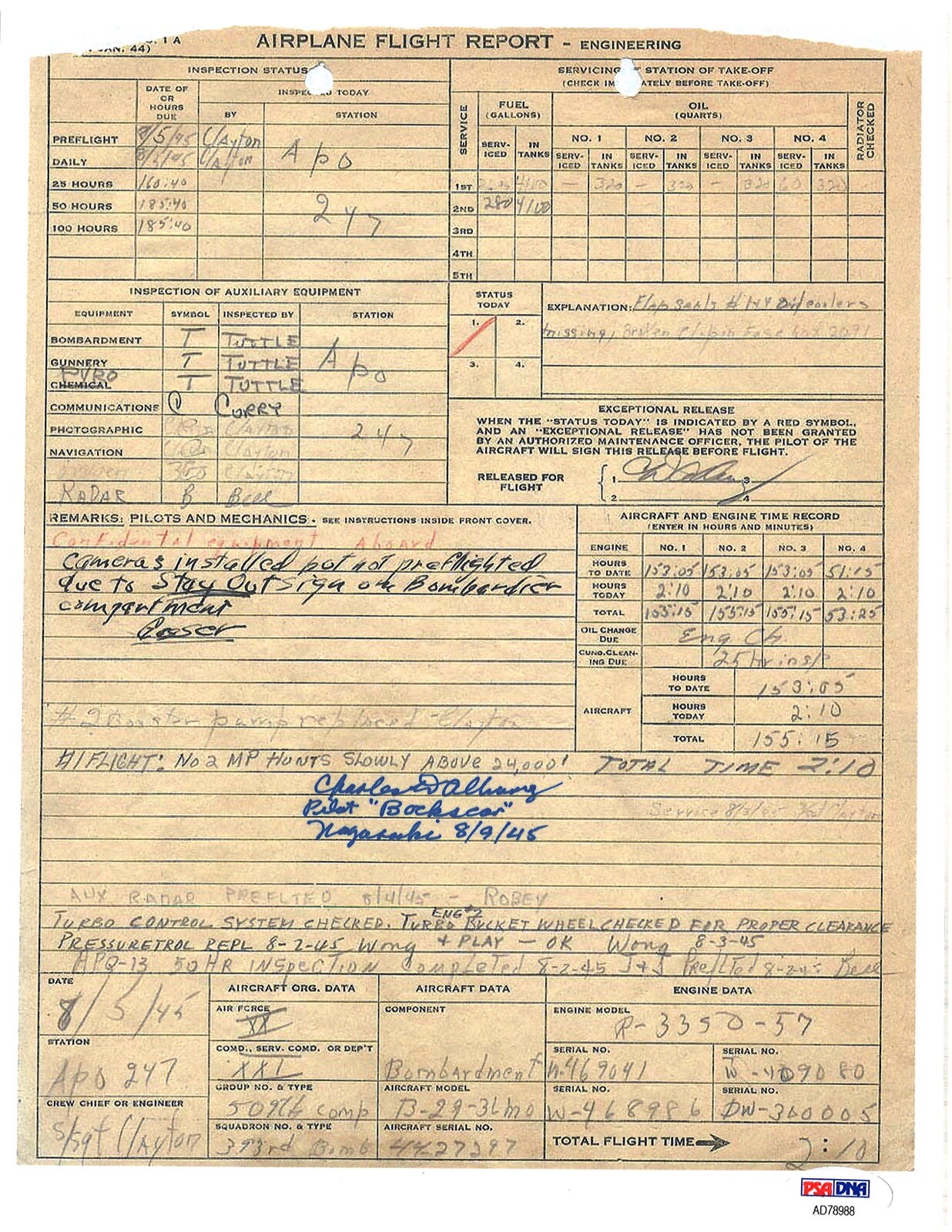 CD ALBURY SIGNED FLIGHT RECORD DOCUMENT PSA DNA AD78988 BOCKSCAR NAGASAKI 8/9/45