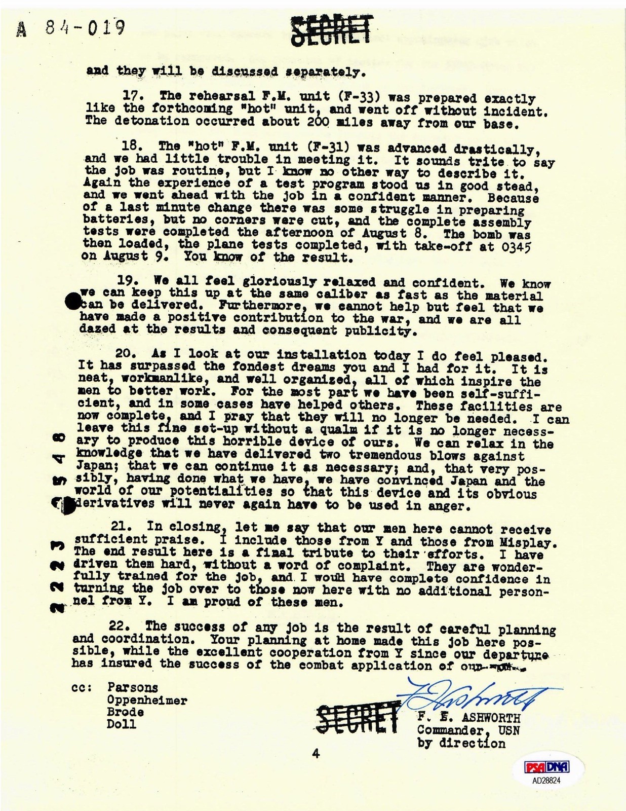 FREDERICK ASHWORTH SIGNED DOCUMENT PSA DNA AD28824 (D) WWII PROJECT ALBERTA