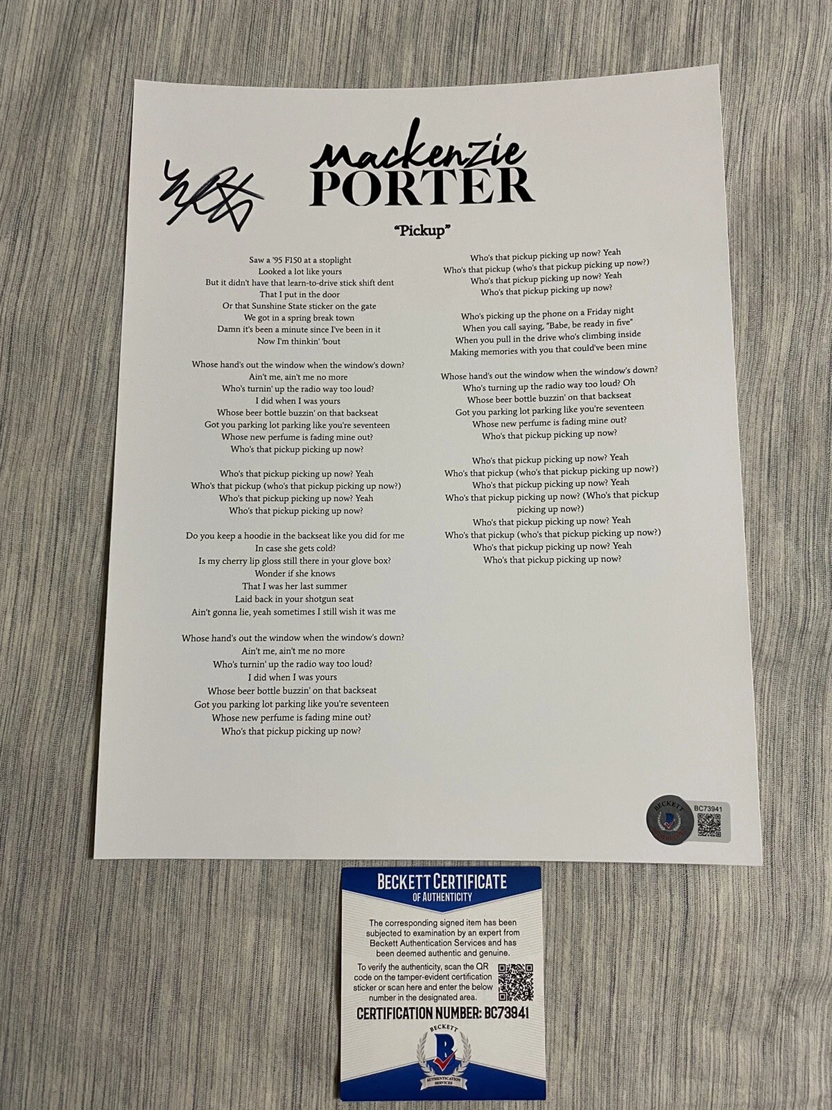 Mackenzie Porter signed autographed Pickup Lyric sheet Beckett coa