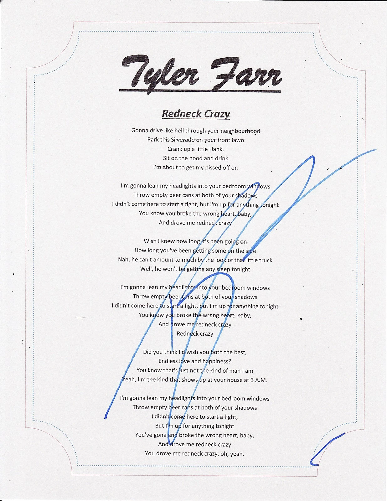 TYLER FARR SIGNED REDNECK CRAZY LYRIC SHEET