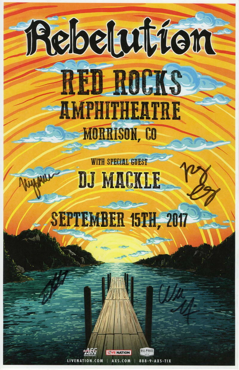 REBELUTION FULL BAND (X4) SIGNED AUTOGRAPH 11X17 CONCERT TOUR POSTER - RED ROCKS