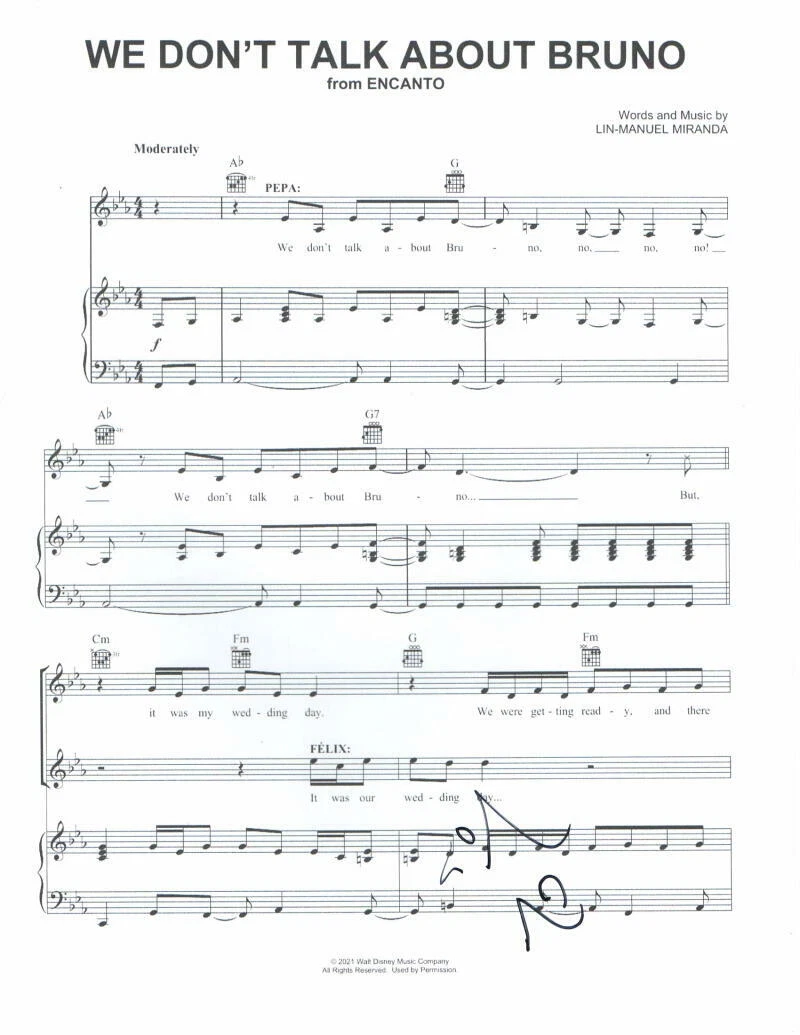 LIN MANUEL MIRANDA SIGNED AUTOGRAPH WE DON'T TALK ABOUT BRUNO SHEETMUSIC ENCANTO