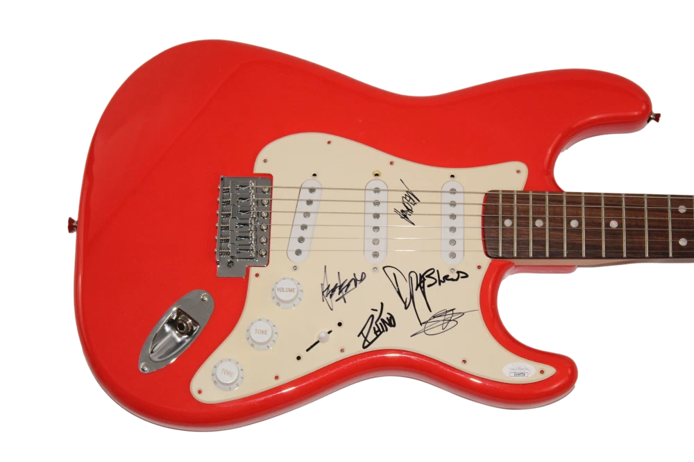 AWOLNATION FULL BAND SIGNED AUTOGRAPH FULL SIZE RED FENDER ELECTRIC GUITAR JSA