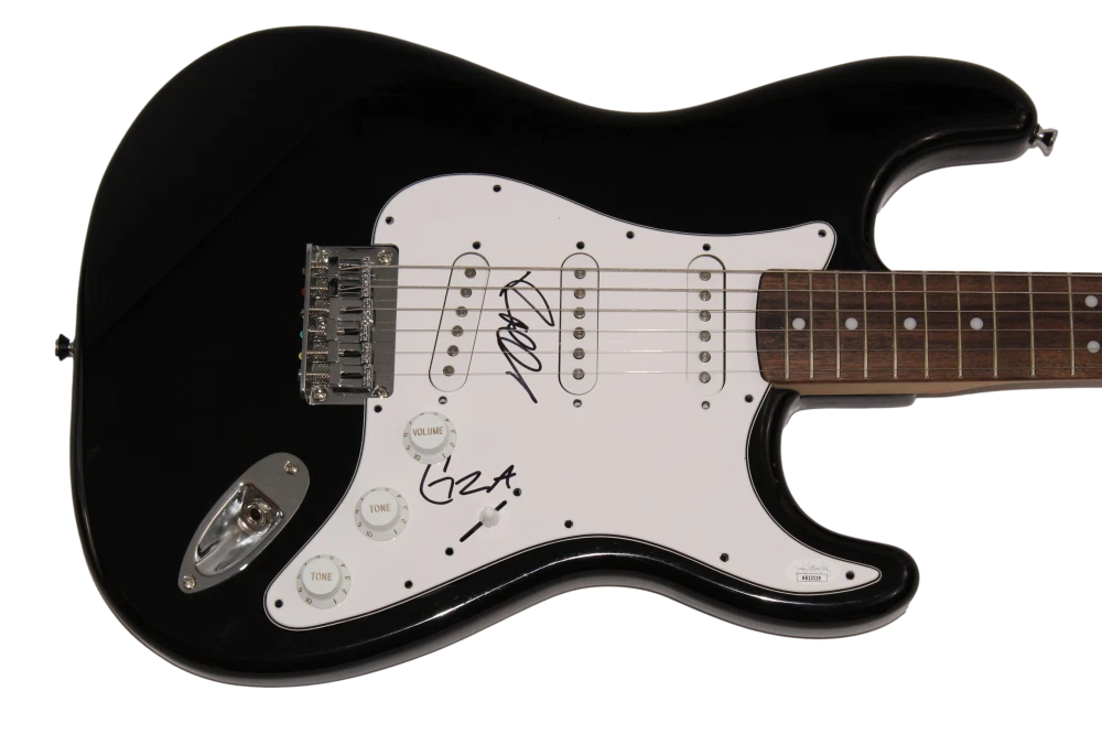 GZA & RAEKWON SIGNED AUTOGRAPH BLACK FENDER ELECTRIC GUITAR WU-TANG CLAN JSA COA