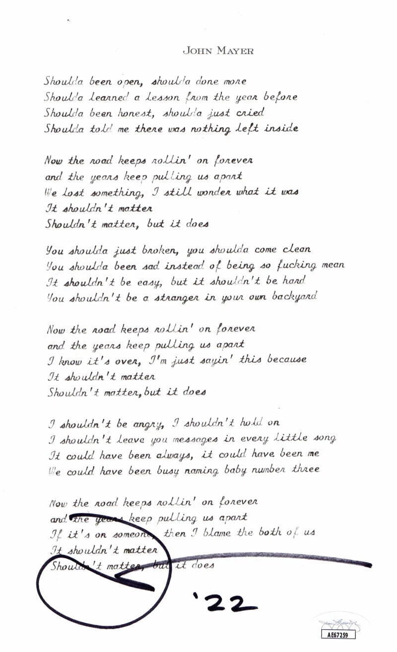 JOHN MAYER SIGNED AUTOGRAPH SHOULDN'T MATTER BUT IT DOES LYRIC SHEET - JSA COA