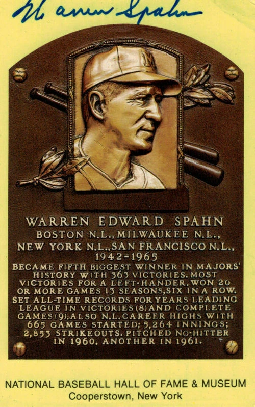 Warren Spahn Autographed Milwaukee Braves Hall Of Fame Post Card JSA 13327