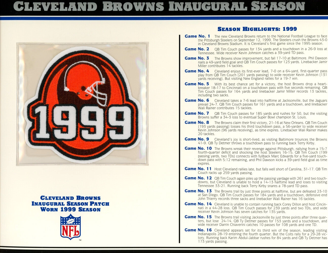 Cleveland Browns Inaugural Season Patch 1999 Stat Card Willabee & Ward 36739