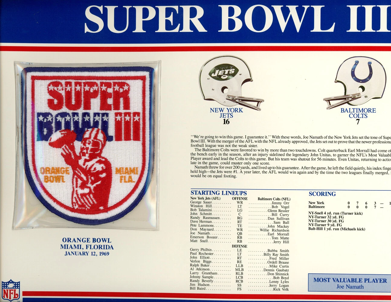 Super Bowl III Patch Stat Card Official Willabee & Ward 35697