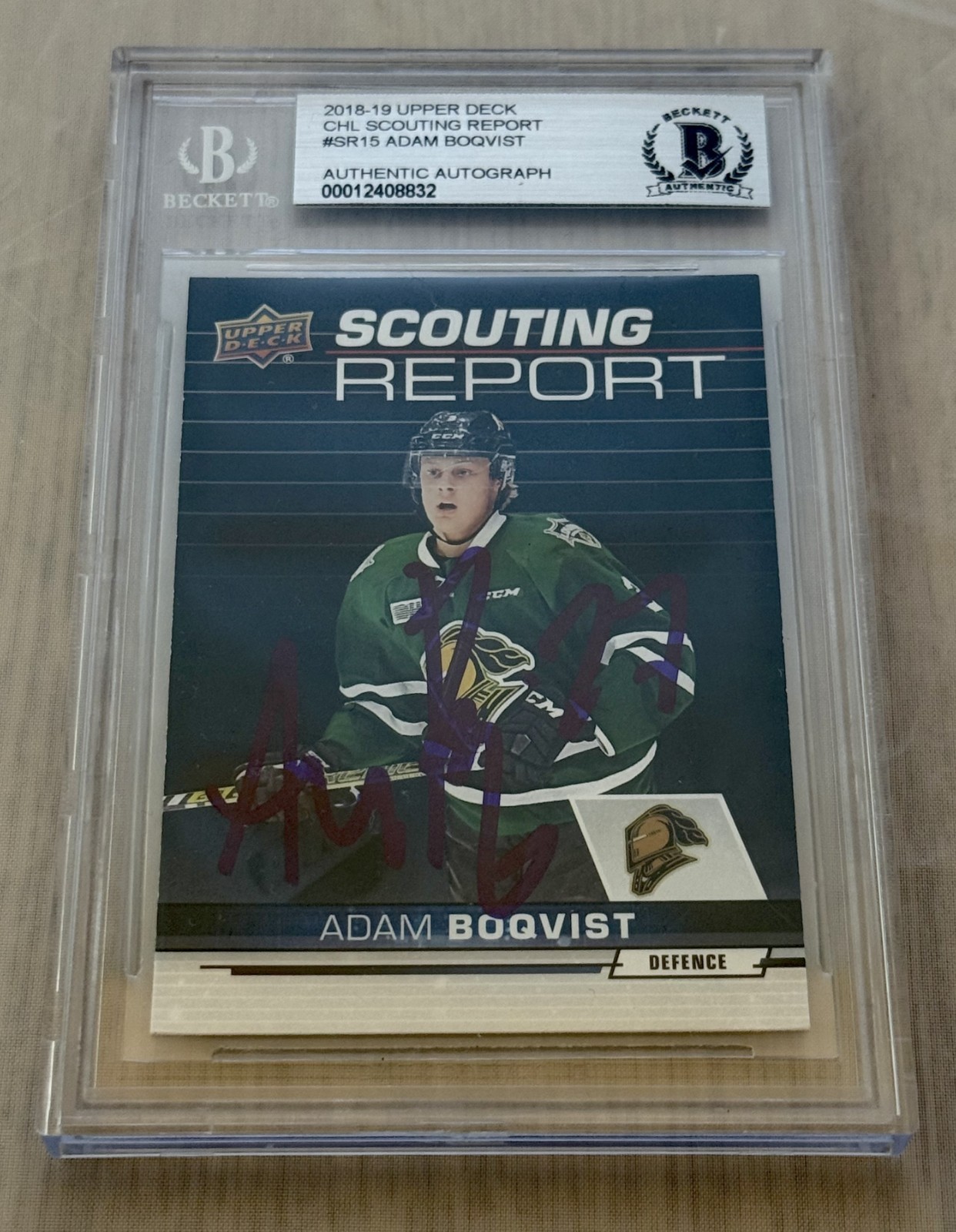 Adam Boqvist signed 2018-19 Upper Deck #SR15 Scouting Report Card Beckett