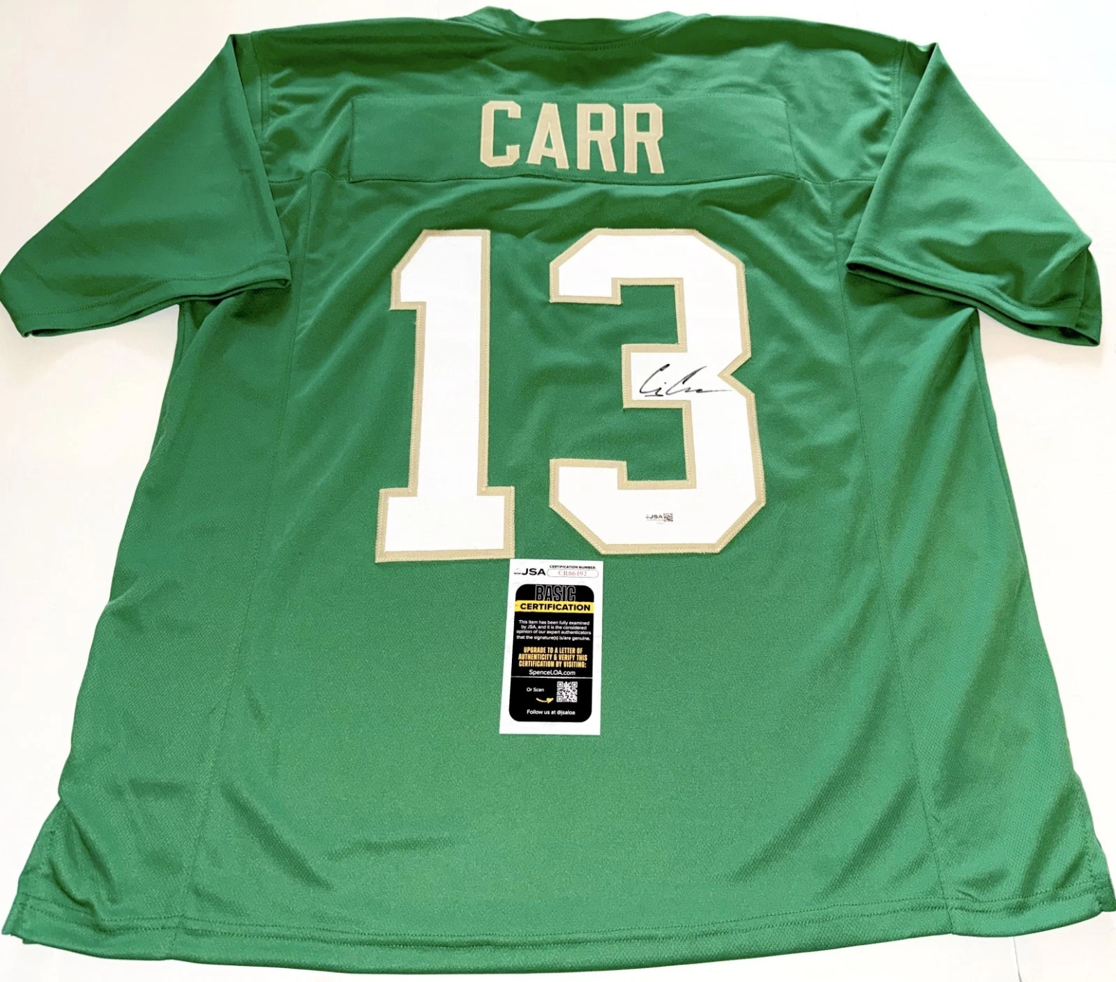CJ Carr Notre Dame Fighting Irish signed Custom jersey autographed JSA COA