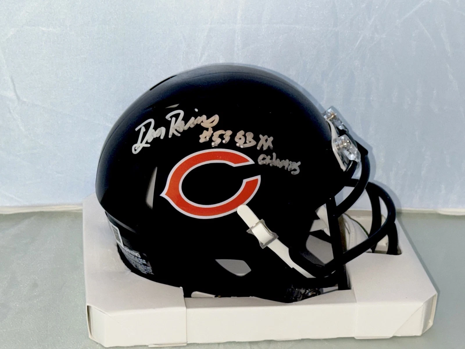 Dan Rains signed Chicago Bears mini helmet W/ SB XX Inscrip Beckett Witnessed