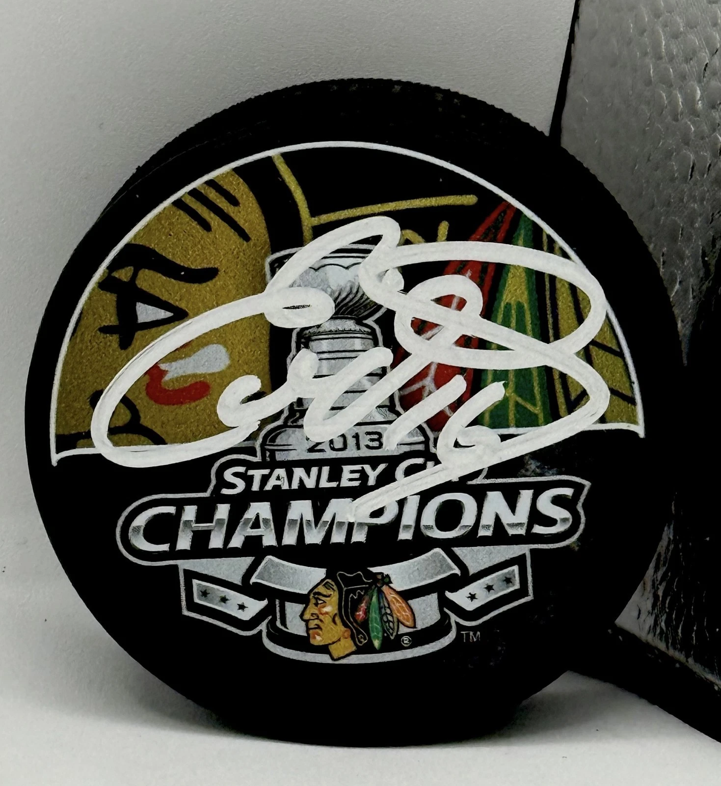 Eddie Olczyk signed Chicago Blackhawks 2013 Stanley Cup Champs Puck JSA Witness