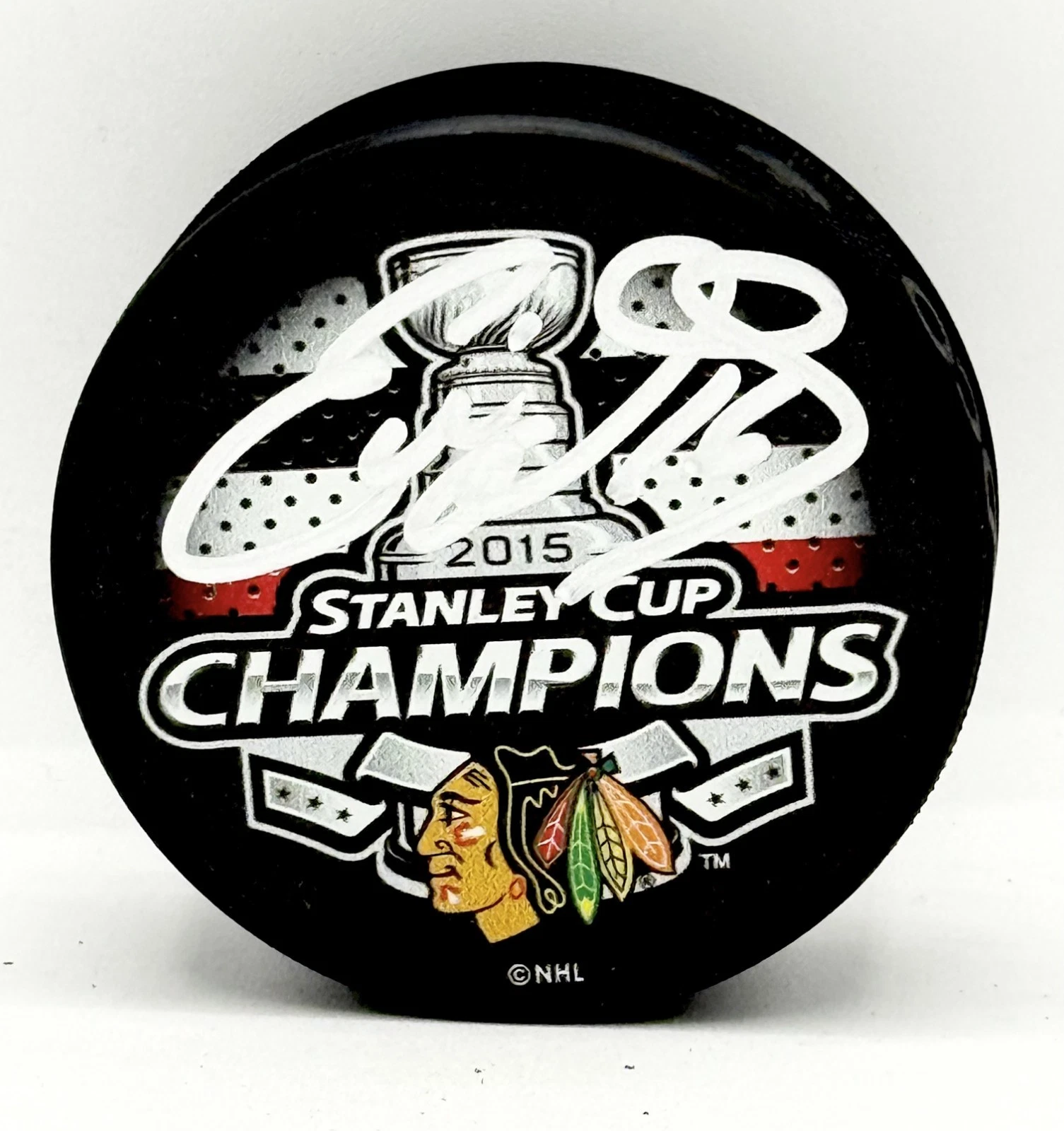 Eddie Olczyk signed Chicago Blackhawks 2015 Stanley Cup Champs Puck JSA Witness