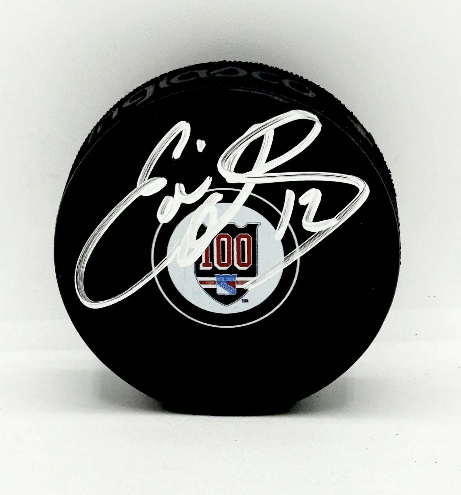 Eddie Olczyk signed New York Rangers 100th Anniversary Logo Puck JSA Witnessed