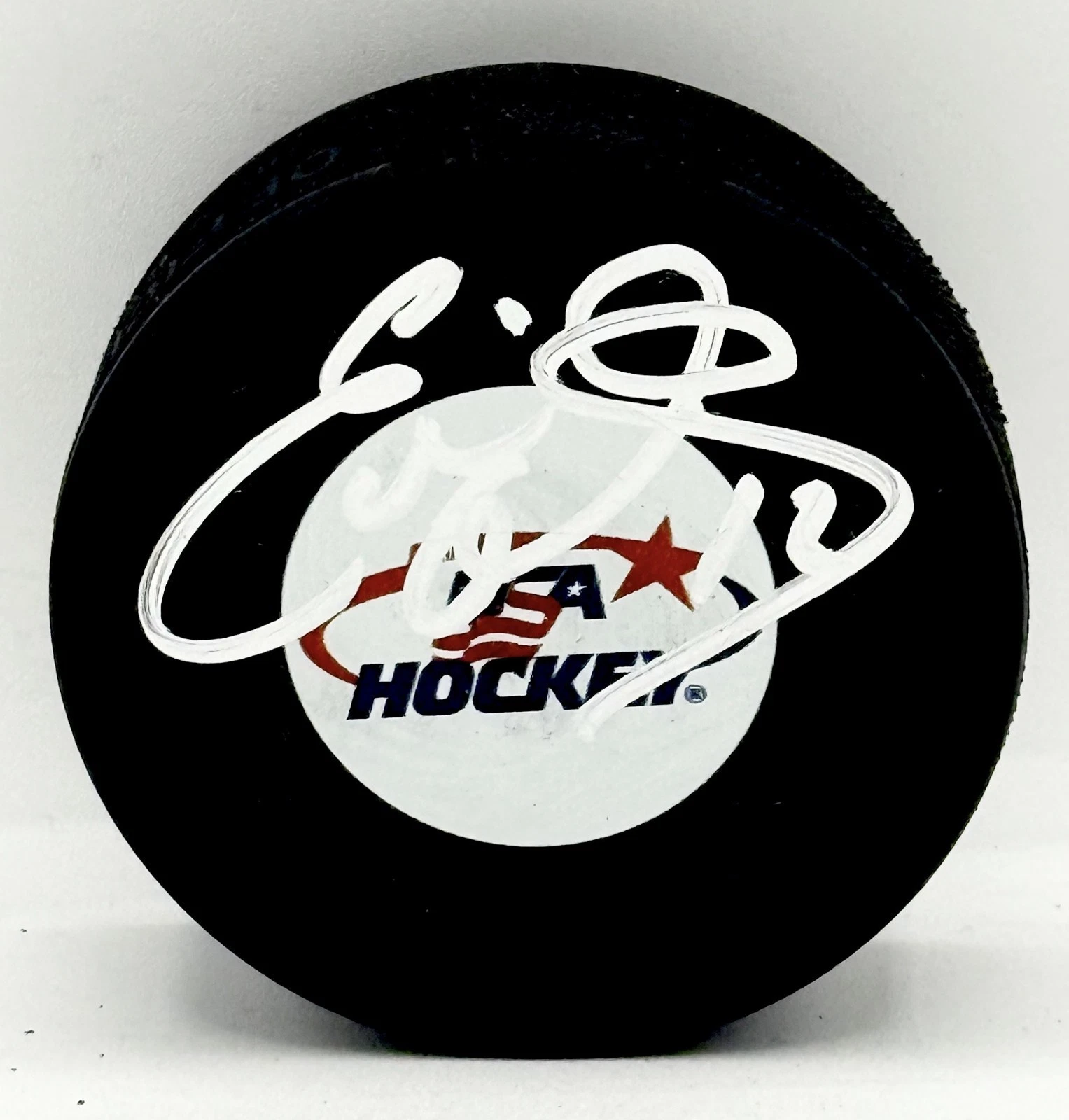 Eddie Olczyk Chicago Blackhawks signed Team USA Puck autographed JSA Witnessed