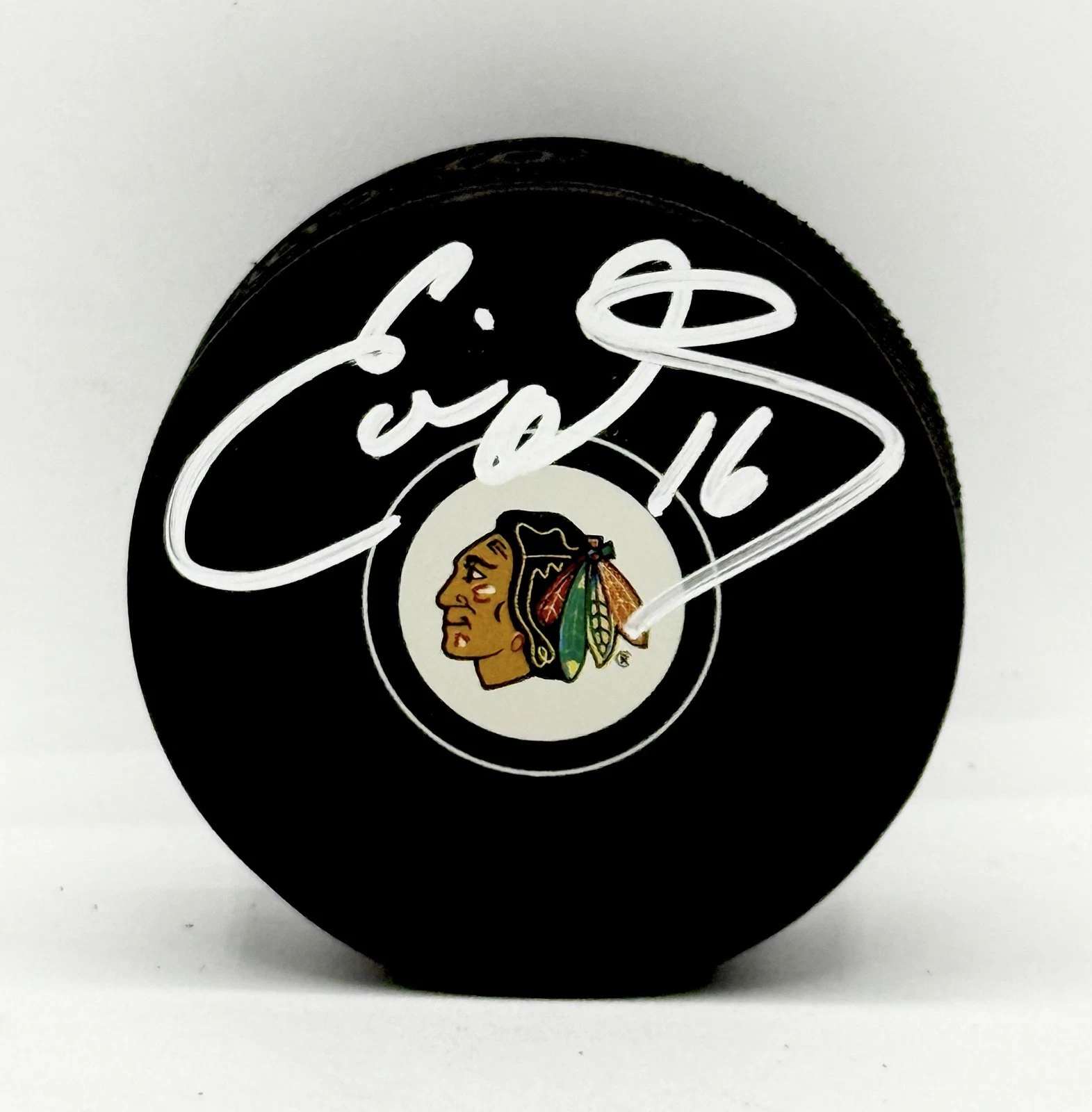 Eddie Olczyk signed Chicago Blackhawks Logo Puck autographed JSA Witnessed