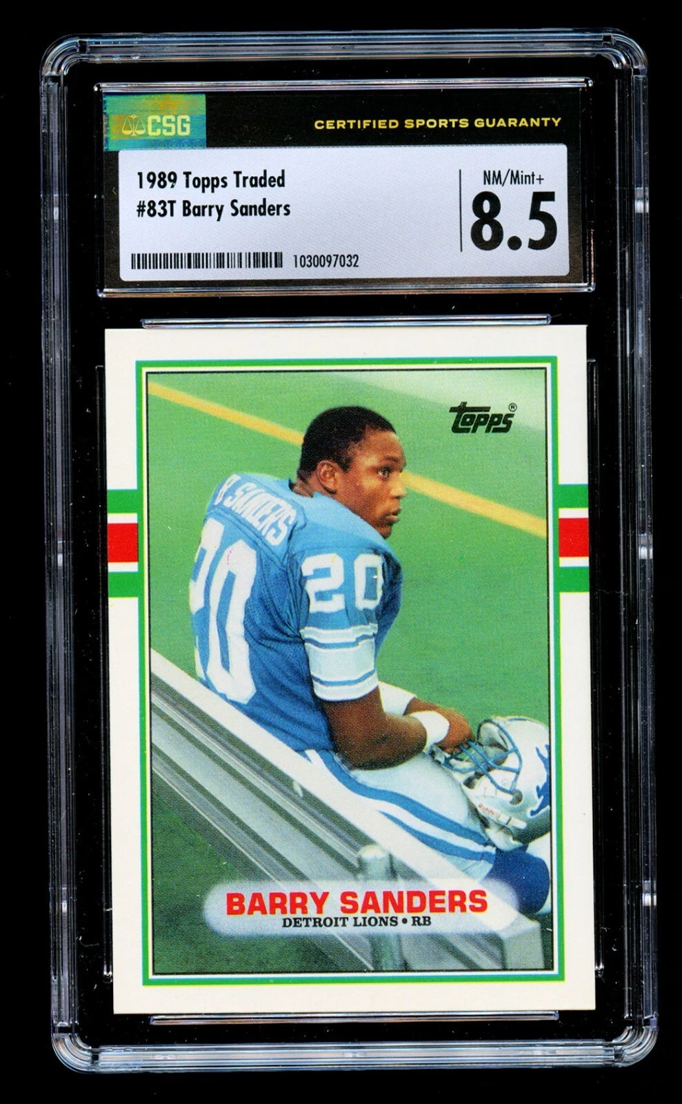 Barry Sanders #83T Topps Traded 1989 ROOKE Football Card Detroit Lions CSG 8.5