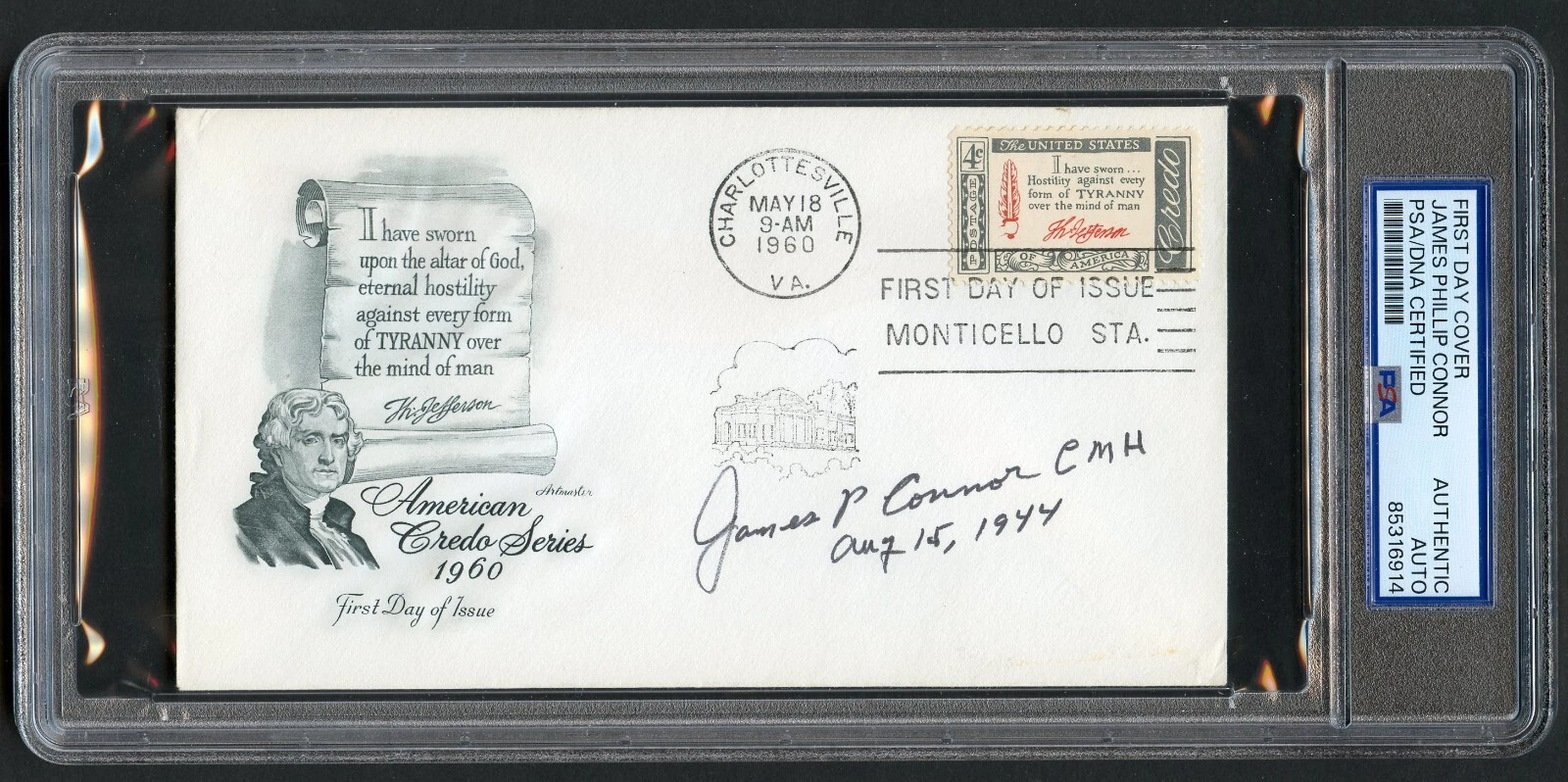 James Connor d1994 signed autograph FDC MOH Recipient US Army WWII PSA Slabbed