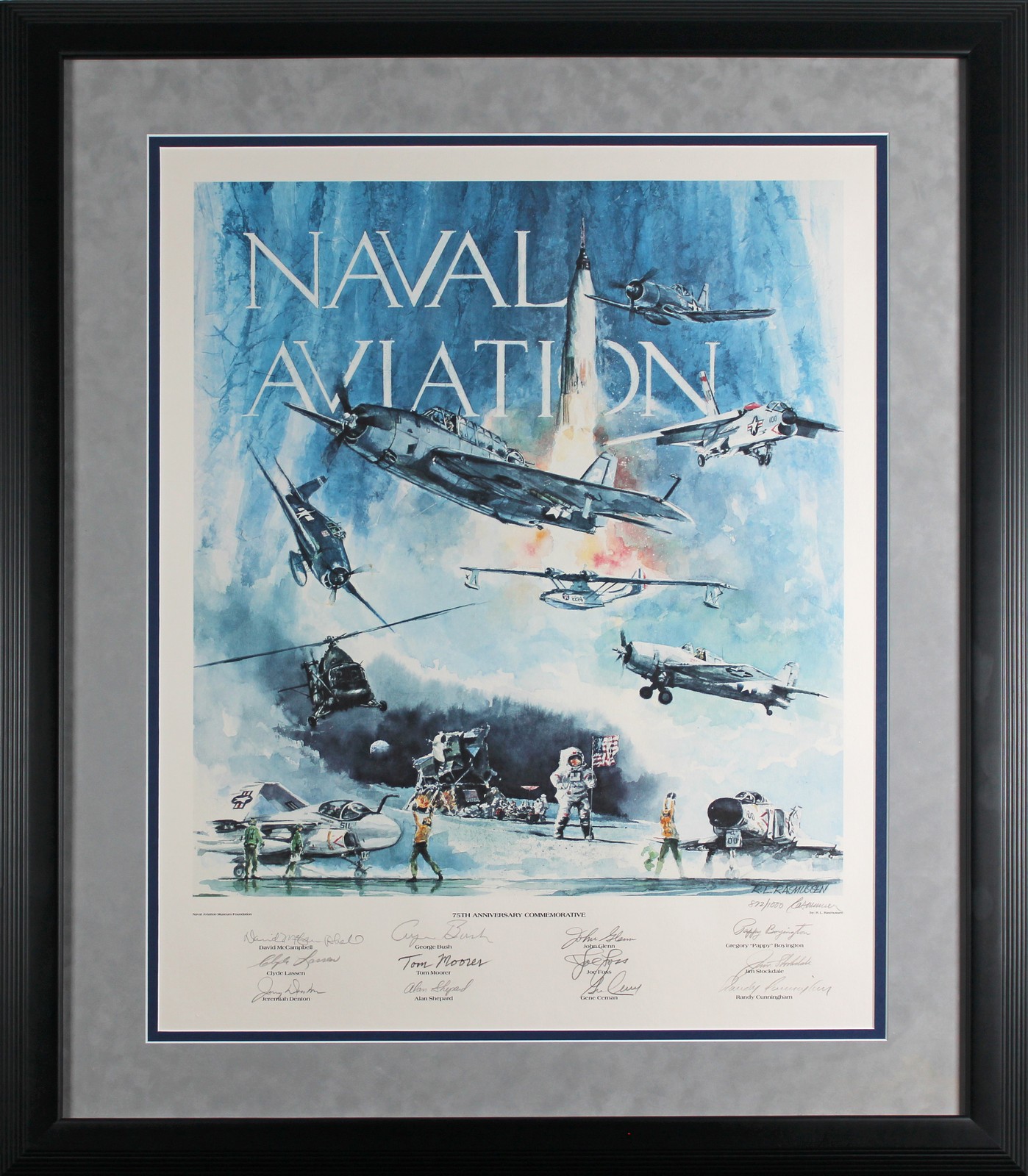 Naval Aviators (13) Bush, Foss, Glenn Signed 25x31 Framed Litho LE #872/1000 BAS