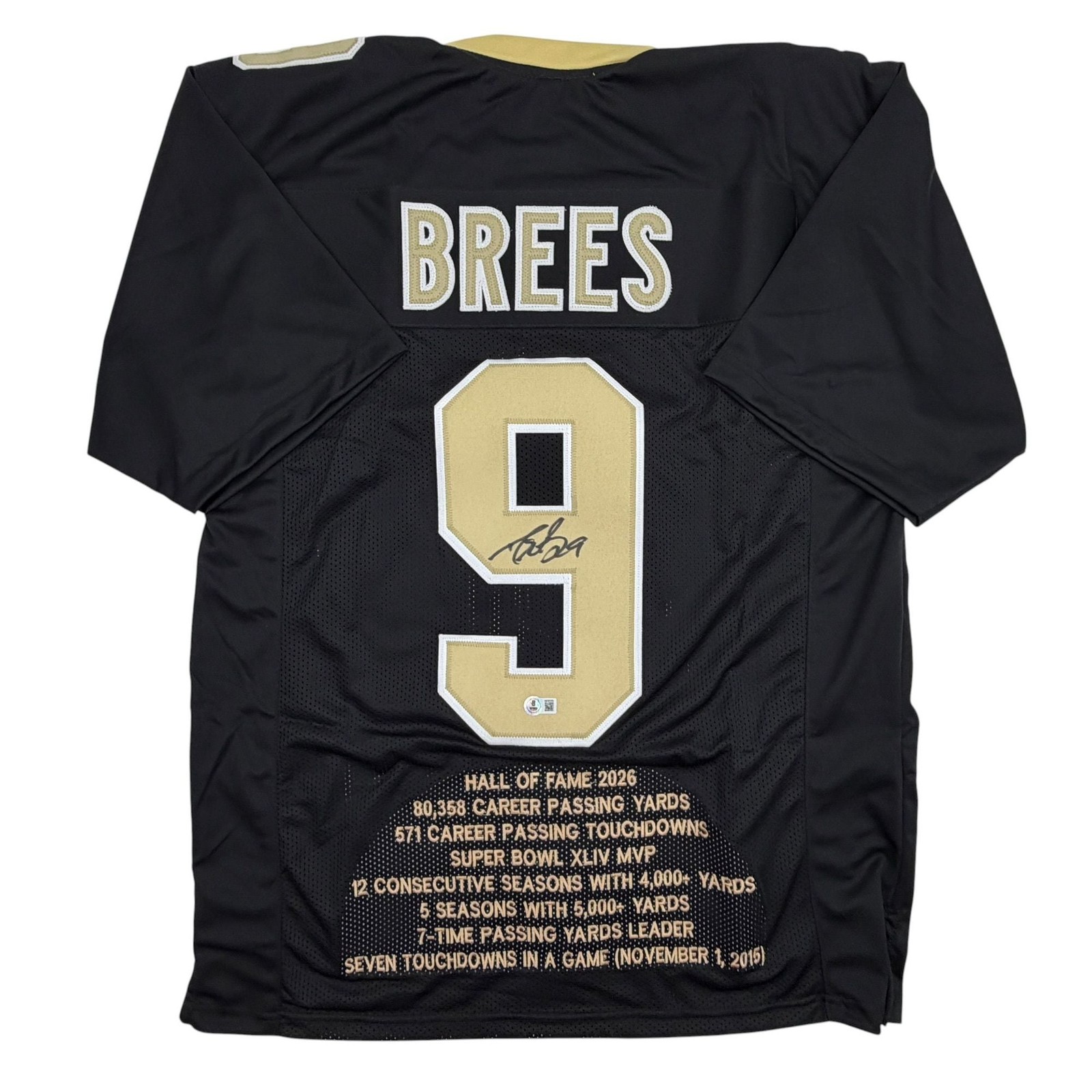Autographed/Signed Drew Brees New Orleans Black Stat Jersey Beckett BAS COA