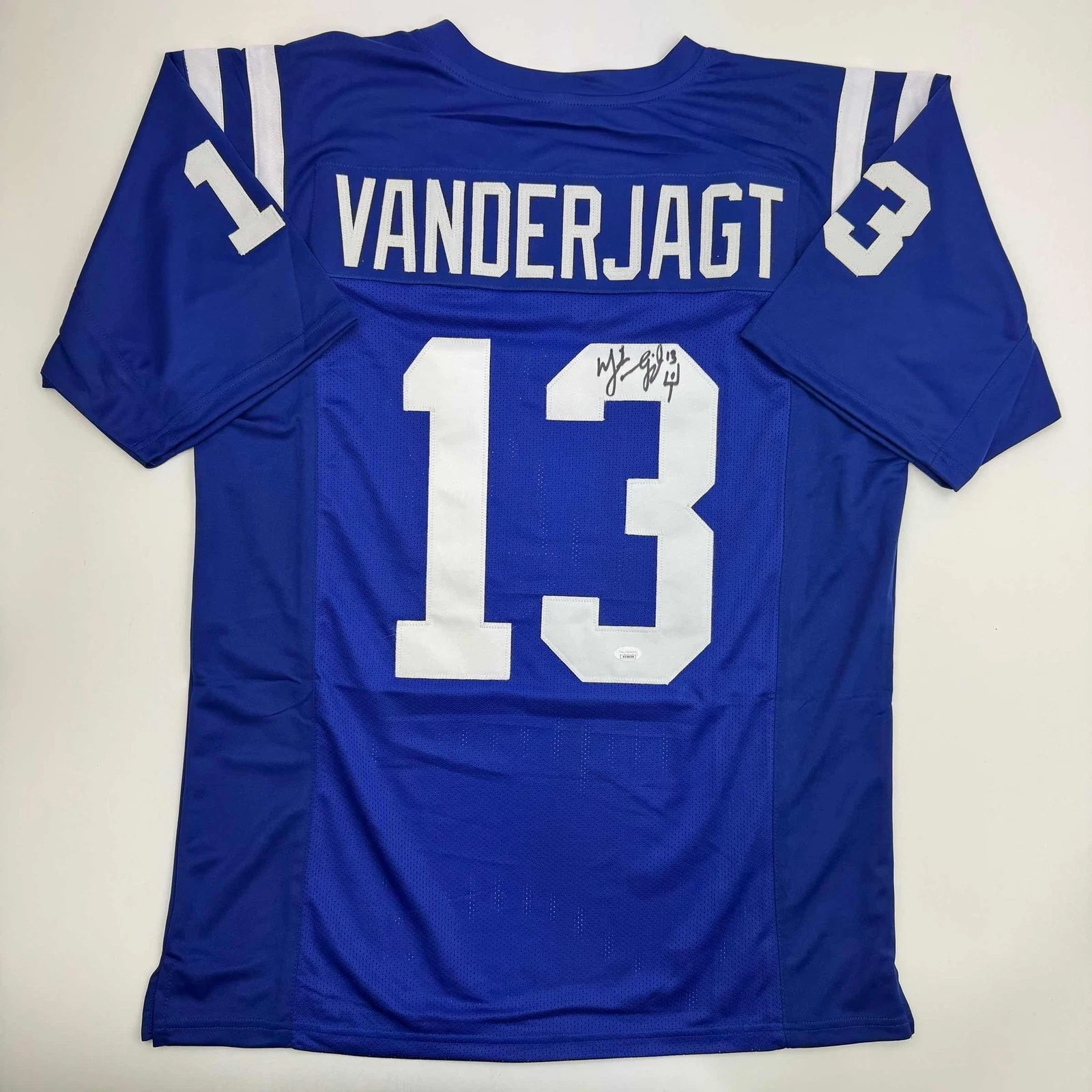 Autographed/Signed Mike Vanderjagt Indianapolis Blue Jersey JSA COA