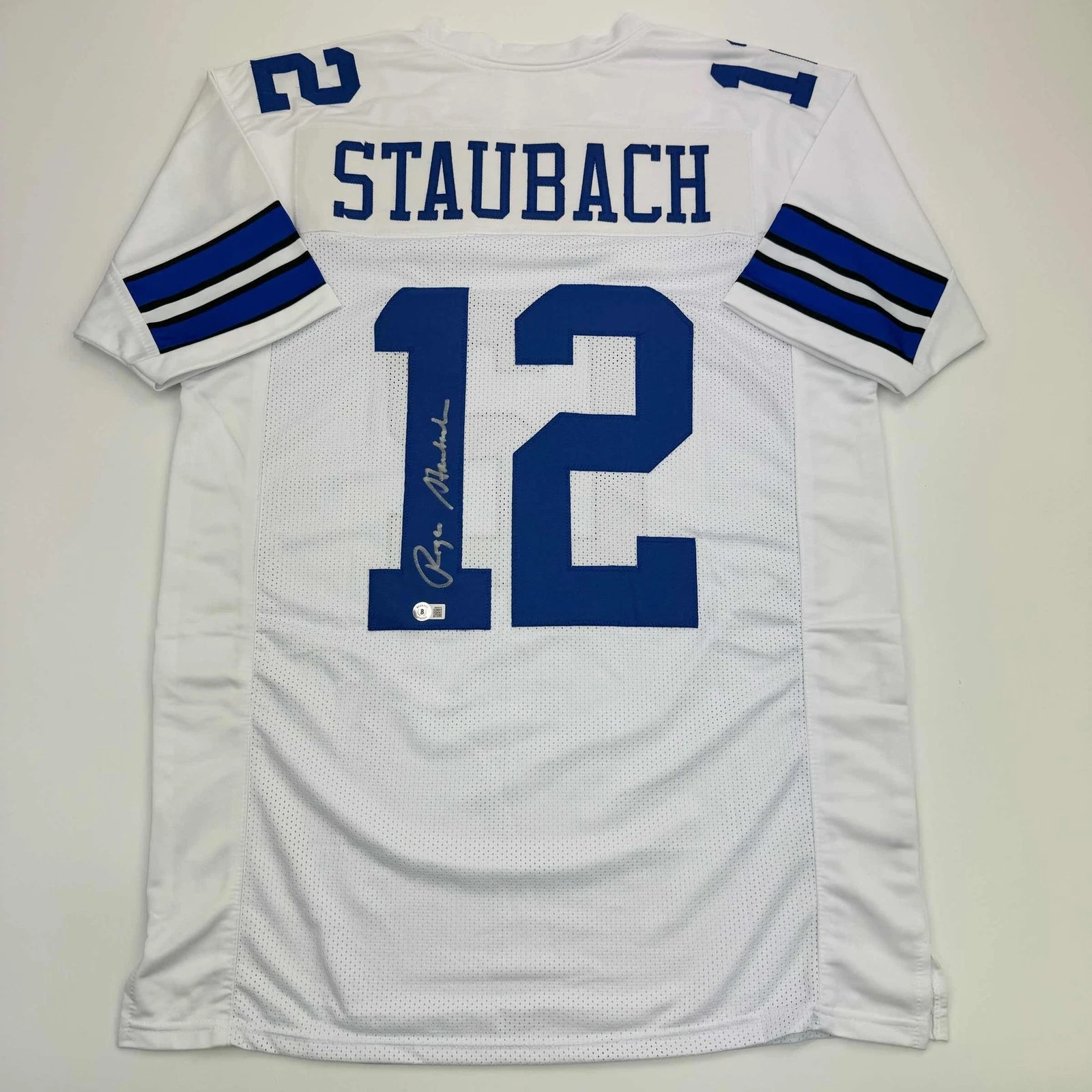 Autographed/Signed Roger Staubach Dallas White Jersey Beckett BAS COA