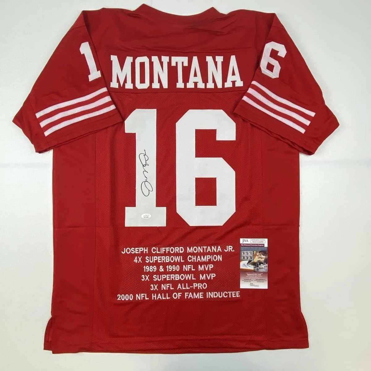 Autographed/Signed Joe Montana San Francisco Red Stat Jersey JSA COA