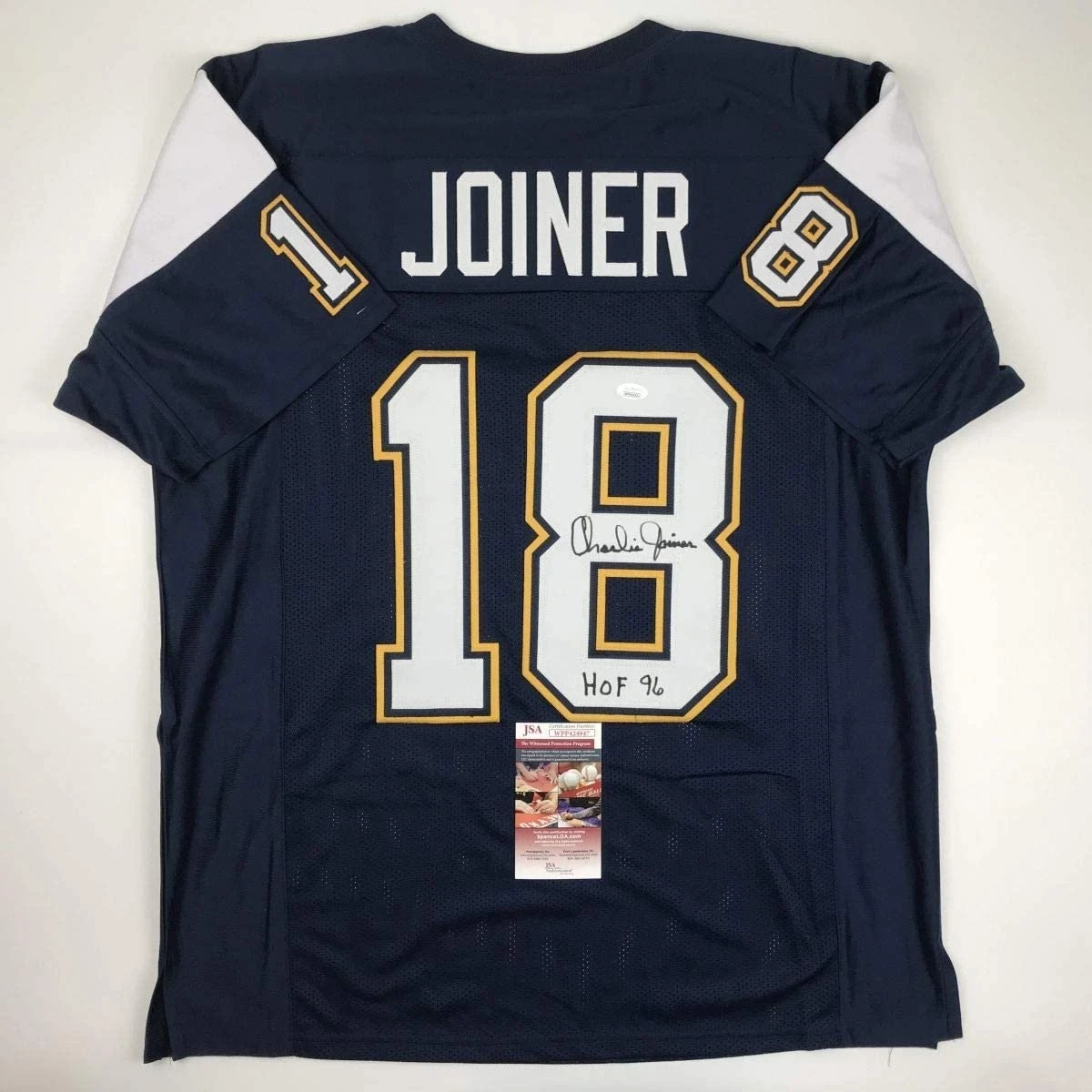 Autographed/Signed Charlie Joiner HOF 96 San Diego Dark Blue Jersey JSA COA
