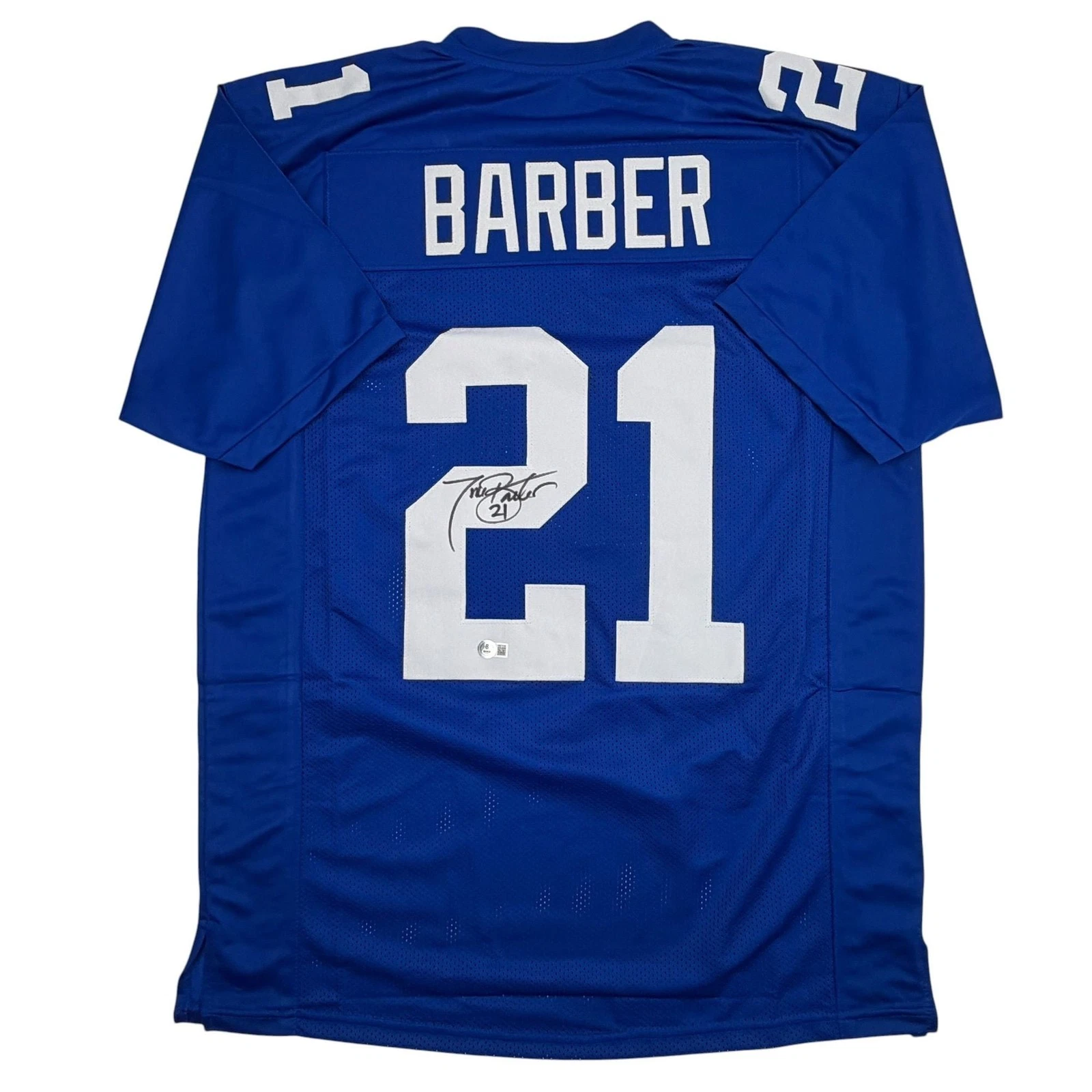 Autographed/Signed Tiki Barber New York Blue Football Jersey Beckett COA