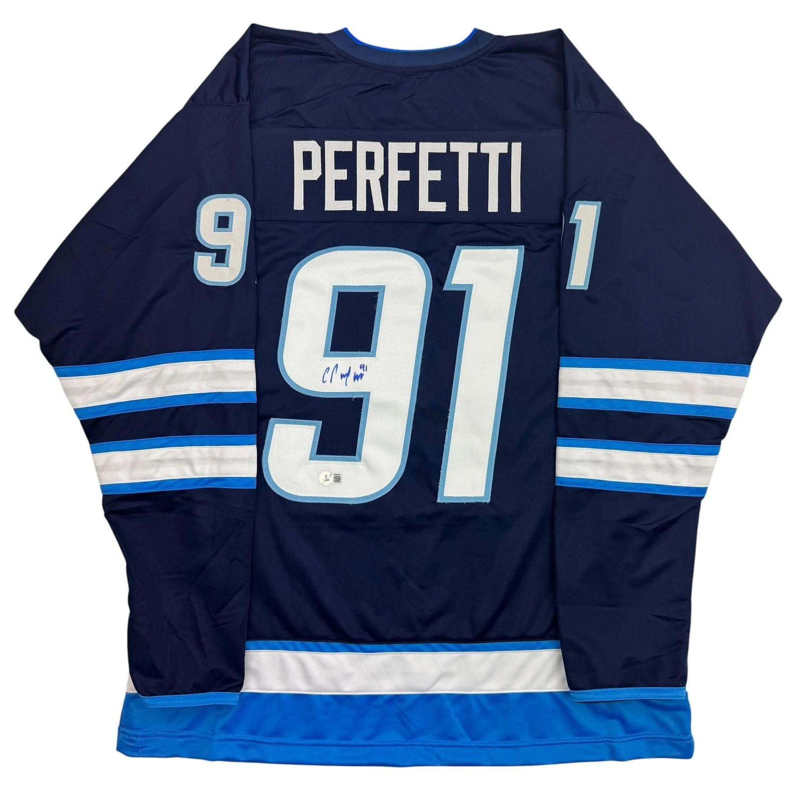 Autographed/Signed Cole Perfetti Winnipeg Blue Hockey Jersey Beckett COA