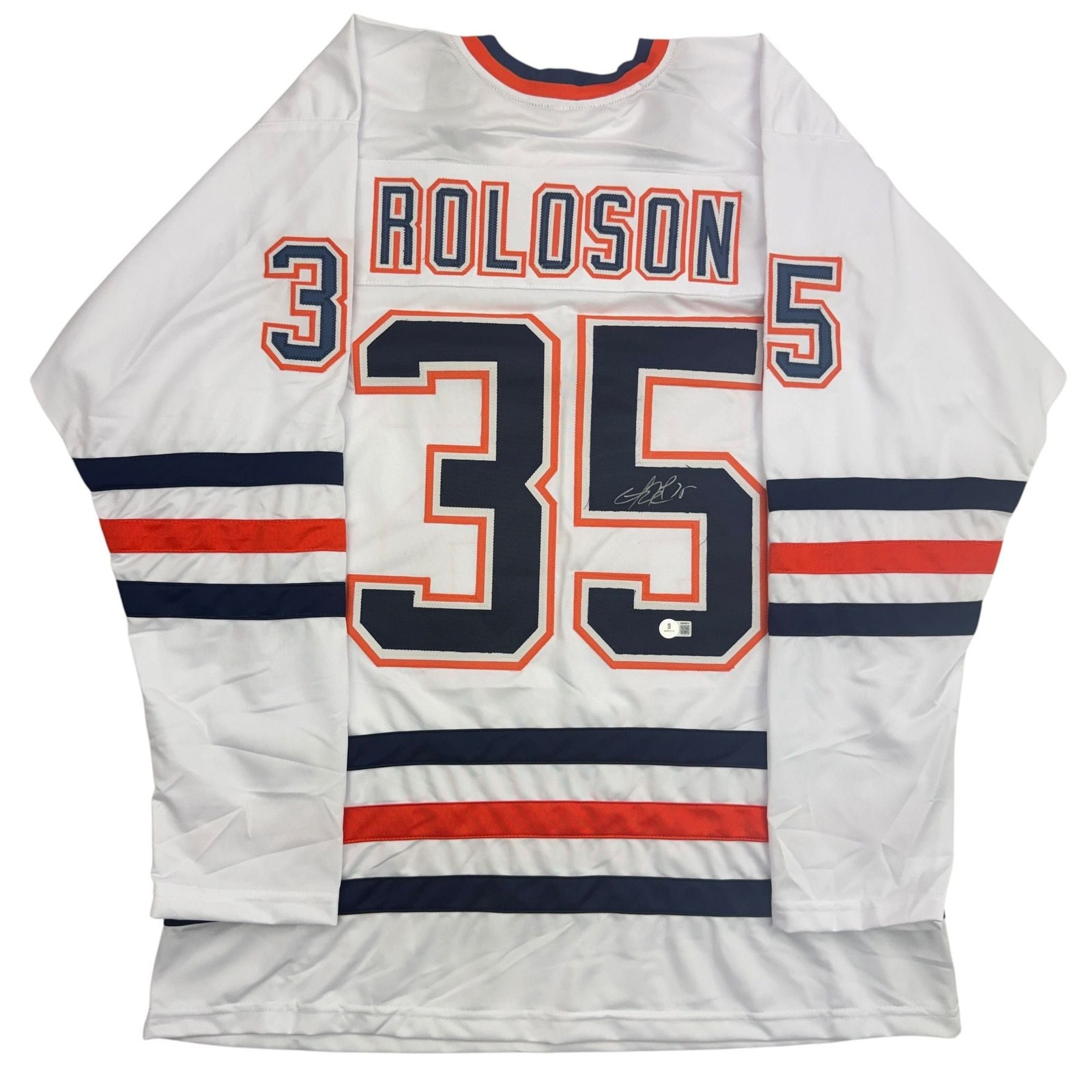Autographed/Signed Dwayne Roloson Edmonton White Jersey Beckett BAS COA