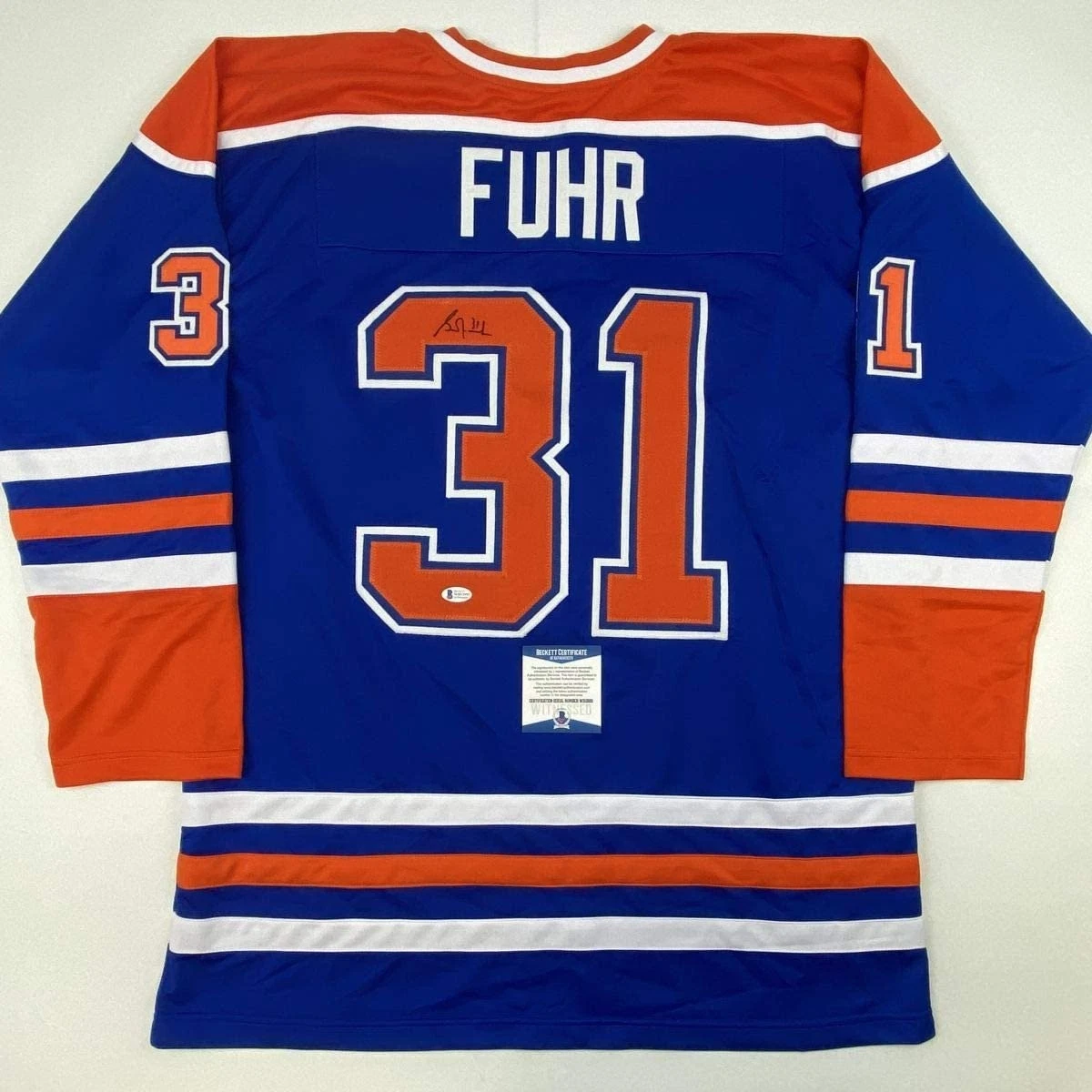 Autographed/Signed GRANT FUHR Edmonton Blue Jersey Beckett BAS COA Auto